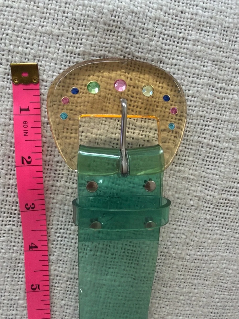 Green Vintage Transparent Resin Belt with Decorative Gold-Tone Buckle
